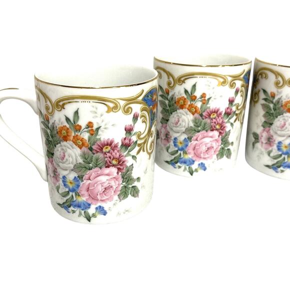 Vintage Andrea By Sadek Mugs Set of 4 Victorian Floral Pink & White Ceramic - Picture 3 of 10